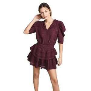 LoveShackFancy Marissa Plum Floral Embroidered Puff Sleeve V-Neck Mini Dress S